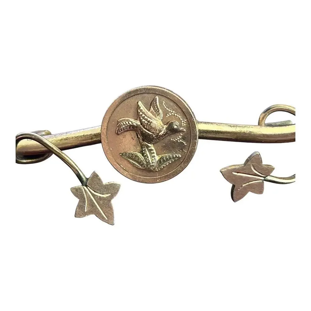 Victorian Bird & Ivy Bar Pin Antique Aesthetic Movement 2.5” Gold Filled Brooch
